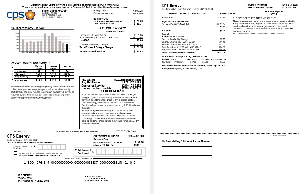 USA CPS ENERGY business utility bill Word and PDF template PSD template